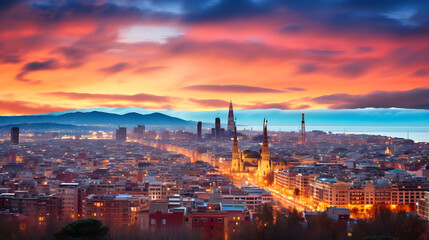 Fototapeta na wymiar Stunning Panoramic Dusk View of BQ Barcelona Cityscape overlooking the Mediterranean Sea