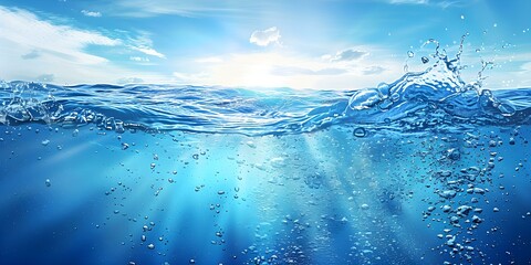 Blurred background of tranquil ocean with clear sky seen from below water's surface, with copy space on solid background. Concept Underwater Photography, Tranquil Ocean, Clear Sky, Copy Space