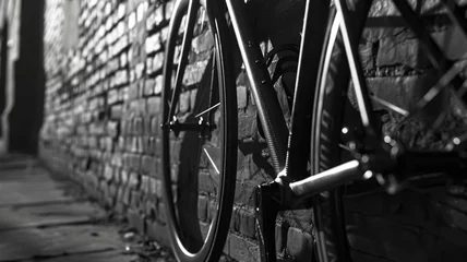 Foto op Plexiglas A vintage black bicycle parked on a city street. © SashaMagic