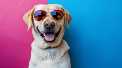 Cool dog with sunglasses on colorful wall background. Space for text, Generative AI - obrazy, fototapety, plakaty