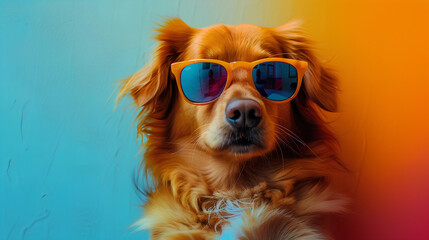 Cool dog with sunglasses on colorful wall background. Space for text, Generative AI - obrazy, fototapety, plakaty