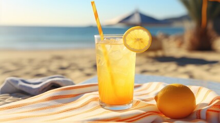 Close-up of lemon juice glass on a beach towel