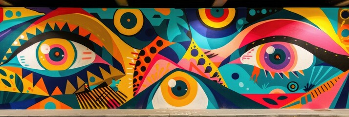 Graffiti wall with vivid colors and big eyes - An expressive urban graffiti wall, showcasing wide eyes in a burst of dynamic colors