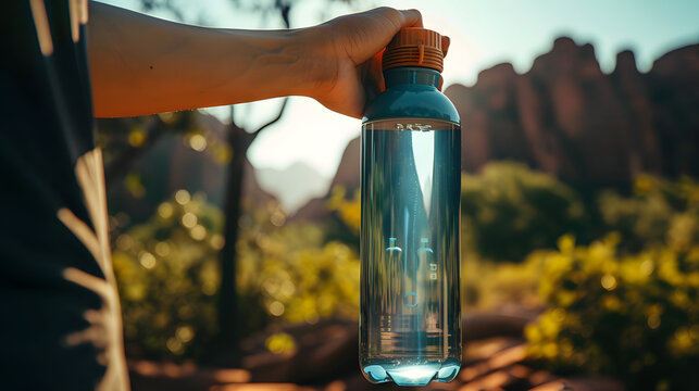 A person holding a reusable water bottle, embracing the eco-friendly habit of staying hydrated while reducing single-use plastic waste. Concept of sustainable hydration. 