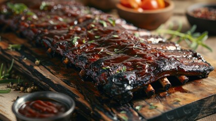 Juicy barbecued ribs on rustic wooden board - Close-up of delicious BBQ ribs with glossy sauce and fresh herbs, appetizingly presented on a wooden surface - obrazy, fototapety, plakaty