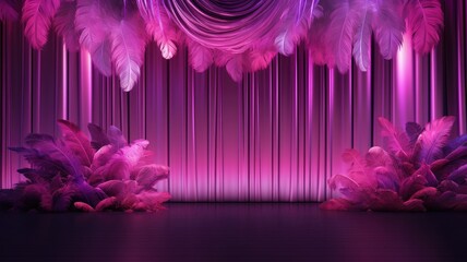 Lavish feather adornments in a purple room - Sumptuous purple room showcasing exquisite feather decorations and illuminated stripes