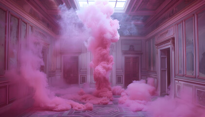 Fototapeta premium The building was filled with a purple haze of pink smoke billowing from the ceiling, creating a mystical and artistic atmosphere