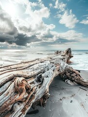 Majestic fallen tree on a sandy coastline - This breathtaking photo showcases the grandeur of a fallen tree's weathered roots on a serene beach under a dynamic sky