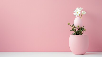 Easter egg growing instead of a flower in the pot. Minimal Easter concept in pastel colors.