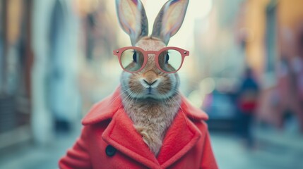 Obraz premium Modern Easter bunny wearing fashion sunglasses and a red coat. Standing in the street and announcing the arrival of Easter. Easter concept.
