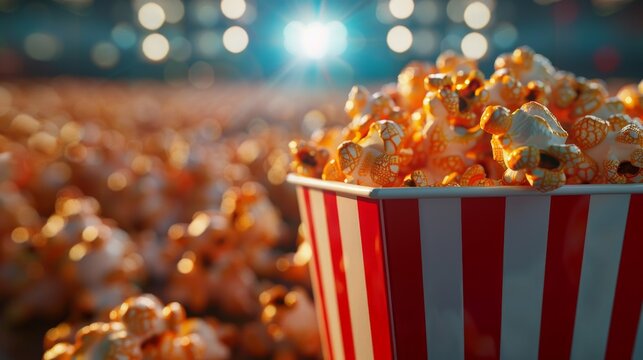 Close up image of a red and white striped popcorn cup with lots of popcorn in a movie theater