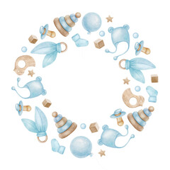 Round frame of accessories for newborn boy. Air balloon, shooter, cap, socks, toy pyramid, stars and teether. Isolated watercolor wreath kids good and shop, cards, baby shower, kid's room and toy