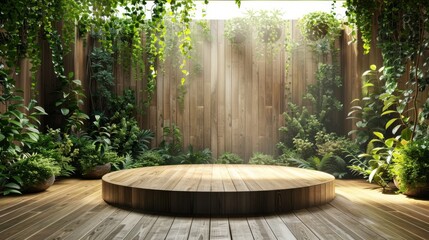 Wooden podium in a lush garden environment for product display. Eco-friendly and natural design concept for sustainable product presentations. - obrazy, fototapety, plakaty