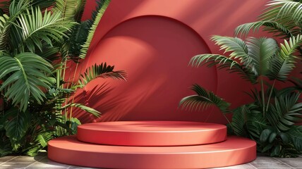 Red podium with thriving tropical plants setting - An inviting red round podium against a tropical plant-filled scene, a vivid setting for luxury product showcasing