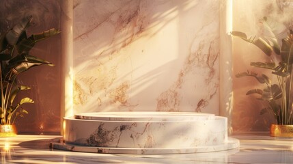 Minimalist marble podium with golden accents in a warm, sunlit room for elegant product displays. Luxury design concept for high-end goods.