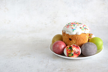 easter cake decorated with painted eggs copy space