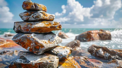 Photo sur Plexiglas Pierres dans le sable Balancing Act: Zen Pebble Tower on a Beach, Symbolizing Harmony and Tranquility