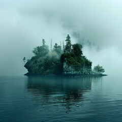 Mystic Island in Mist, shrouded in mist, is rumored to be home to powerful sorcerers and ancient artifacts - obrazy, fototapety, plakaty