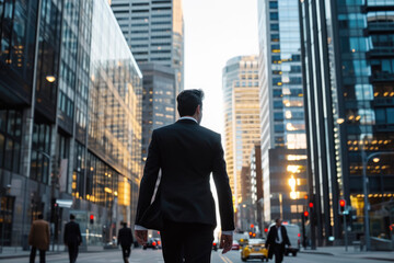 Fototapeta na wymiar A businessman in a black suit walking down a busy city street with tall buildings in the background