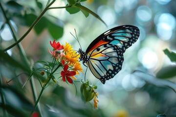A butterfly with a colorful wing and a flower