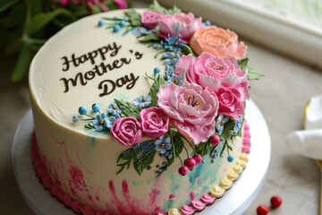 A cake with the words "Happy Mother's Day" on it, decorated with flowers and berries