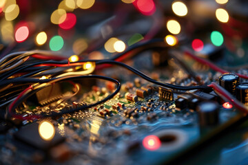 A circuit board with wires and chips - obrazy, fototapety, plakaty
