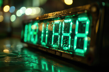 A digital clock with numbers and a green display - obrazy, fototapety, plakaty