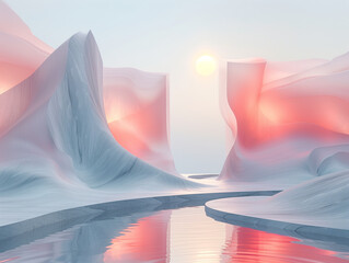 Un paysage abstrait et minimaliste, évoquant un glacier sous un ciel pastel au coucher du soleil. - obrazy, fototapety, plakaty