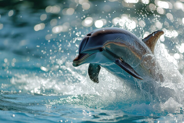 A dolphin with a jump and a splash - obrazy, fototapety, plakaty