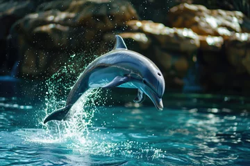 Foto auf Acrylglas A dolphin with a jump and a splash © Formoney