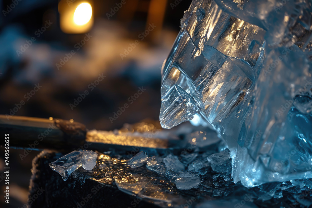 Poster a ice sculpture with a shape and a chisel