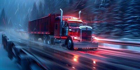 A traditional semi truck with chrome accents driving on the highway. Concept Vehicle Photography, Highway Scenes, Chrome Accents, Traditional Trucks, Transportation Industry - obrazy, fototapety, plakaty