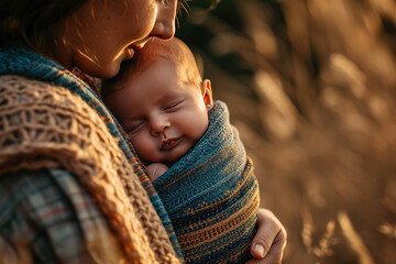 a newborn baby being carried in a sling by his mother - obrazy, fototapety, plakaty