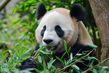 A panda with a bamboo and a munch