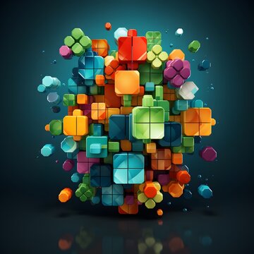 3D-rendered geometric shapes arranged in a symphony of color and form