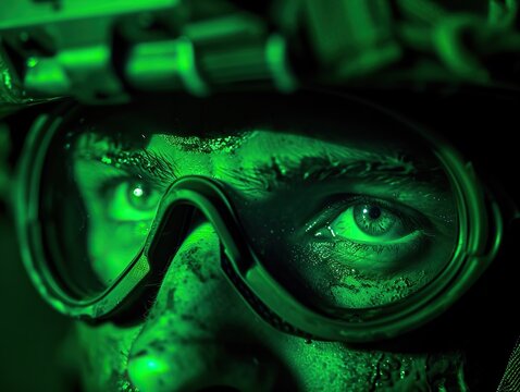 A close-up photograph of a soldier's eyes through the night vision goggles during an incursion mission. The green glow and focused gaze create an intense and immersive atmosphere,.