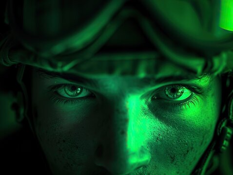 A close-up photograph of a soldier's eyes through the night vision goggles during an incursion mission. The green glow and focused gaze create an intense and immersive atmosphere,.