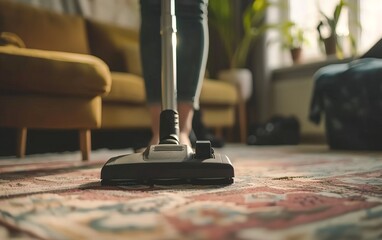 Home Cleaning Routine: Vacuuming the Carpet - obrazy, fototapety, plakaty