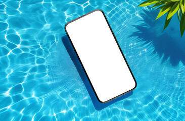 Mobile phone screen mockup in water pool, summer holiday app promo