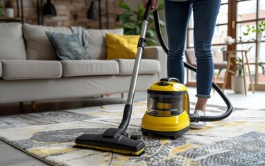 Home Cleaning Routine: Vacuuming the Carpet - obrazy, fototapety, plakaty