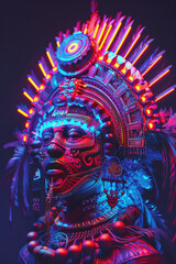 Vibrant tribal headdress in neon lights - An artistic depiction of a tribal figure adorned with a glowing neon headdress, embodying cultural heritage