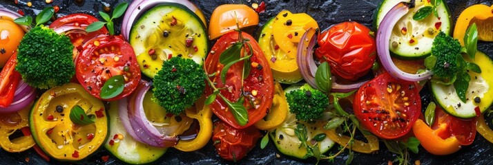 Vibrant vegetable medley with assorted slices - A vibrant medley of vegetable slices artistically arranged showcases freshness and a spectrum of colors