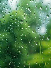 Water droplets on a window with green backdrop - Macro shot of raindrops on a window with a backdrop of blurred green nature, symbolizing calmness and freshness