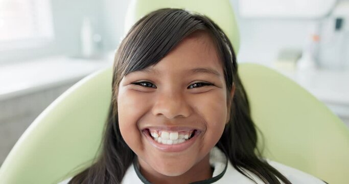 Closeup, dentist and face of child for teeth, orthodontics and wellness in medical health. Dental care, smile and portrait of female patient for healthcare, oral hygiene and confidence at clinic.