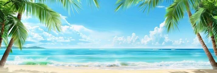 Tropical beach scenery with vibrant blue ocean - A serene tropical beach view with palm trees framing a crystal blue sea and distant islands on a sunny day
