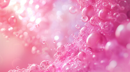 Soap foam with bubbles in pink color. Bright abstract background for design.
