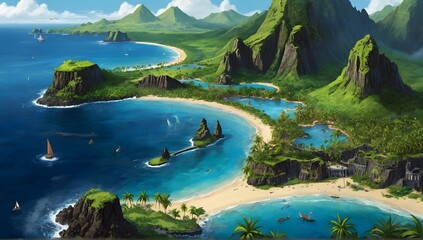 a fantasy map of a string of islands inspired by Hawaii with a sparkling blue ocean, a jungle with temples, cliffs with waterfalls and a volcano at the center surrounded by black sand and volcanic sto - obrazy, fototapety, plakaty