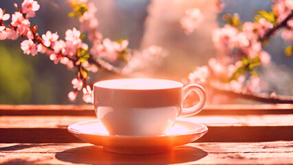 Obraz na płótnie Canvas Cup of coffee on table - Cherry Blossoms outside
