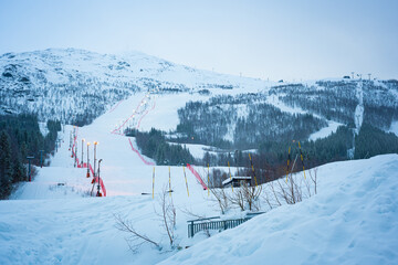 Ski slope at Narvikfjellet ski resort near the city of Narvik in northern Norway