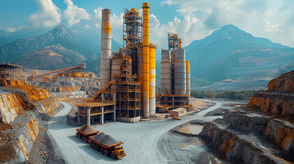 Majestätische Zementfabrik in einer abgelegenen Bergbauumgebung mit markanten gelben und grauen Silos unter dramatischem blauem Himmel